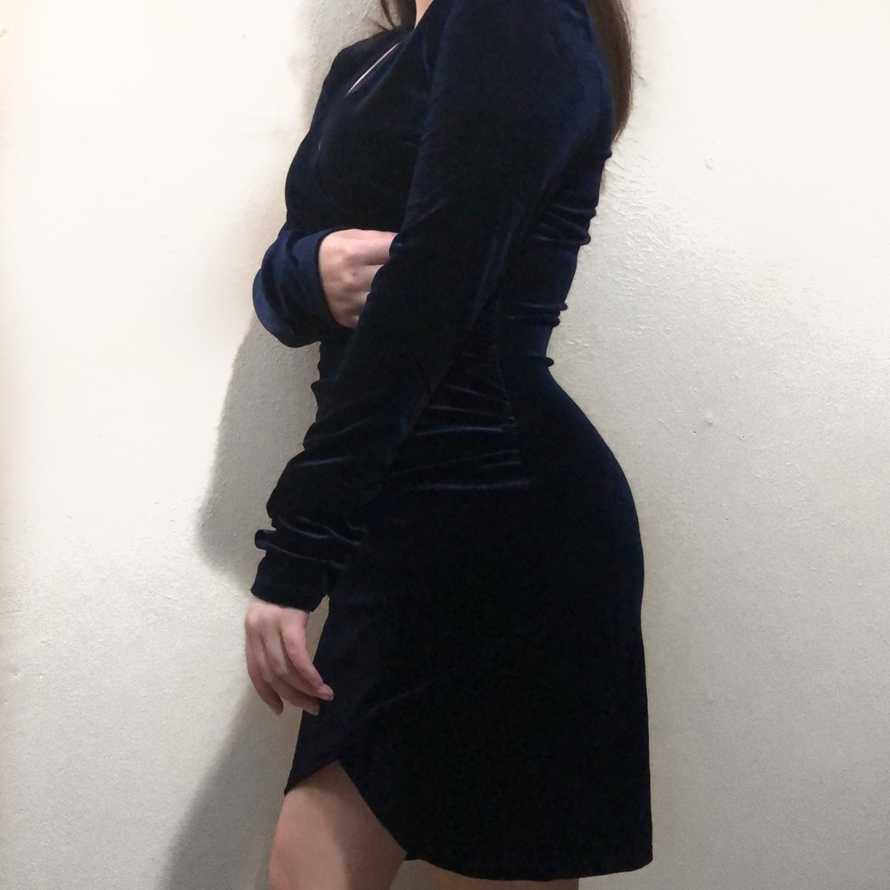 Blue velvet midi bodycon wrap dress
